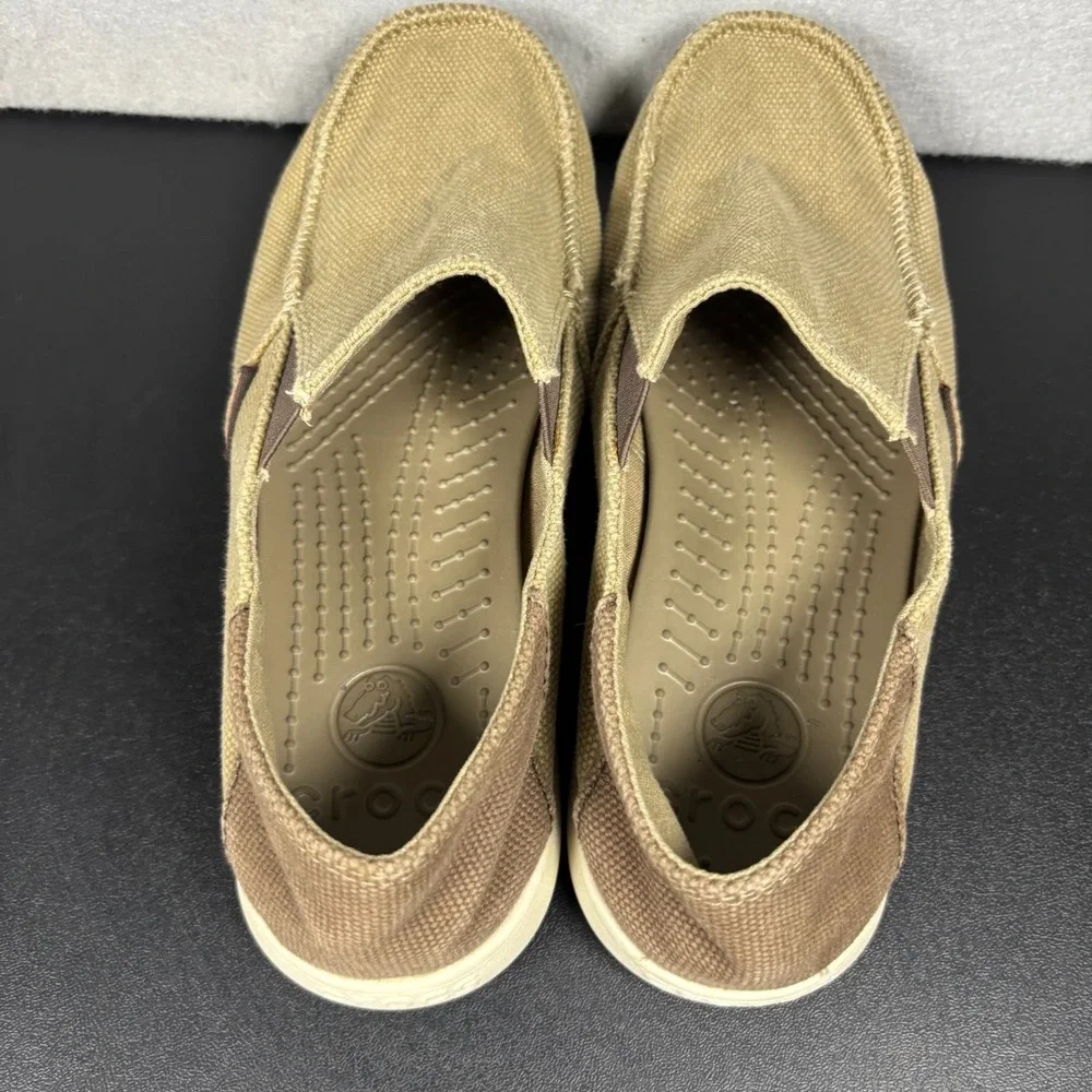 Crocs Junior Boys Size 6 Santa Cruz Tan Khaki Beige Canvas Loafer Slip On Shoes